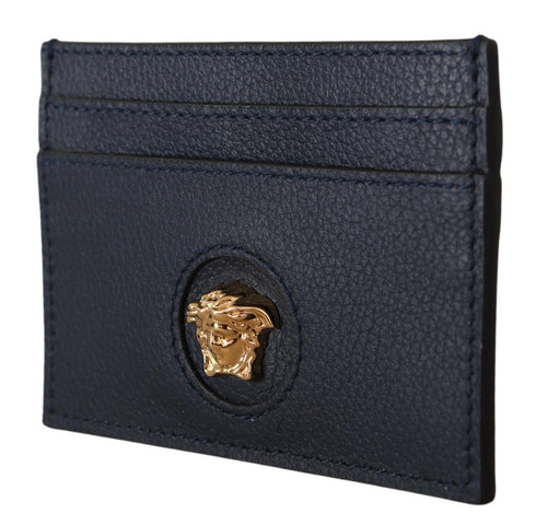 Versace Blue Calf Leather Card Holder Wallet